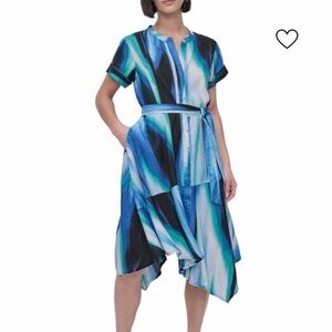 DKNY Pure Women’s Linen Midi Dress‎ Short Sleeve Size 10 NWT blue watercolor